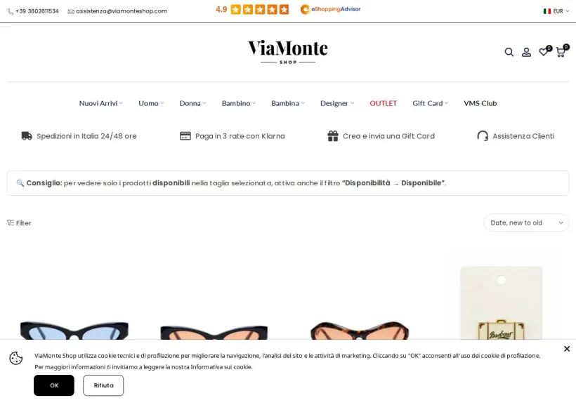 Schermata della pagina offerta di Via Monte Shop