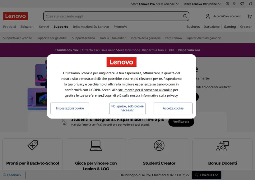 Schermata della pagina offerta di Lenovo