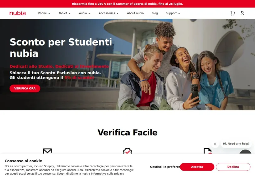 Schermata della pagina offerta di Nubia