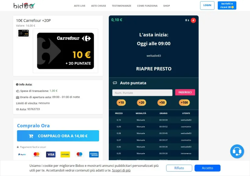 Schermata della pagina offerta di Bidoo