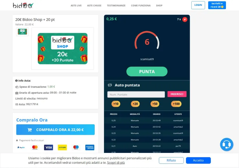 Schermata della pagina offerta di Bidoo