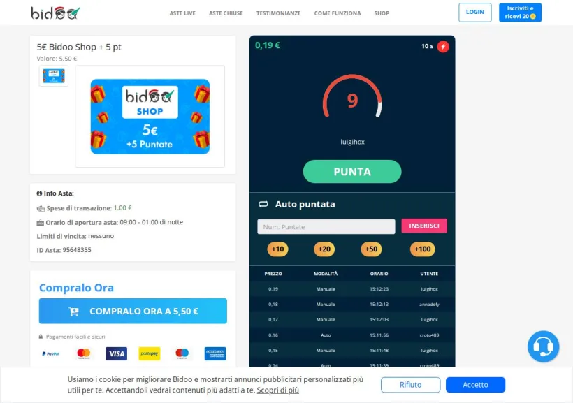 Schermata della pagina offerta di Bidoo
