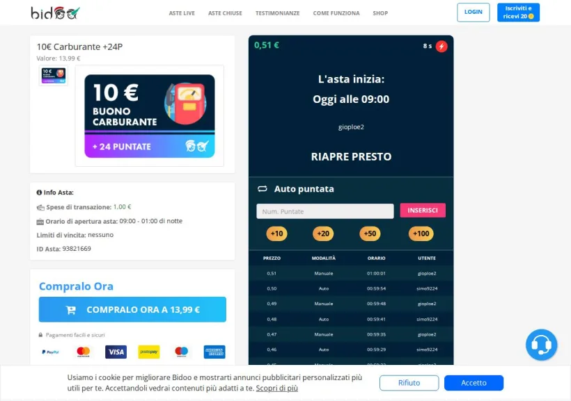 Schermata della pagina offerta di Bidoo