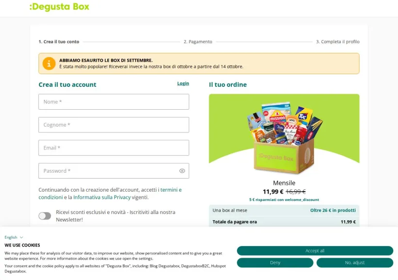 Schermata della pagina offerta di Degusta Box
