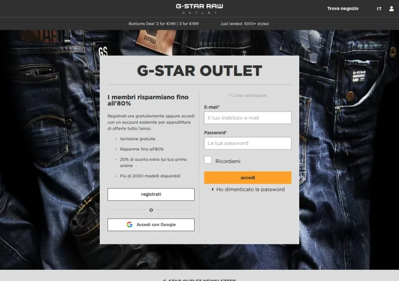 Schermata della pagina offerta di G-Star