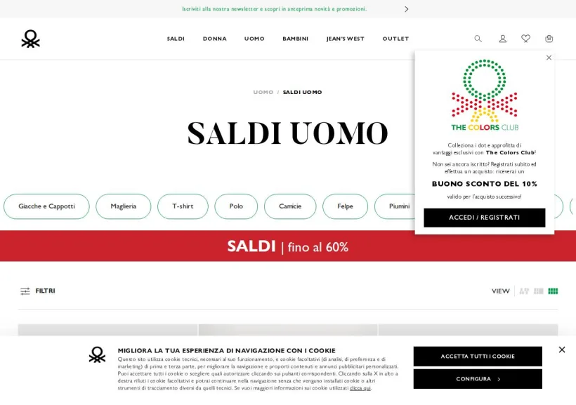 Schermata della pagina offerta di Benetton 