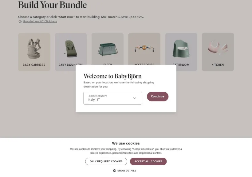 Schermata della pagina offerta di BabyBjörn