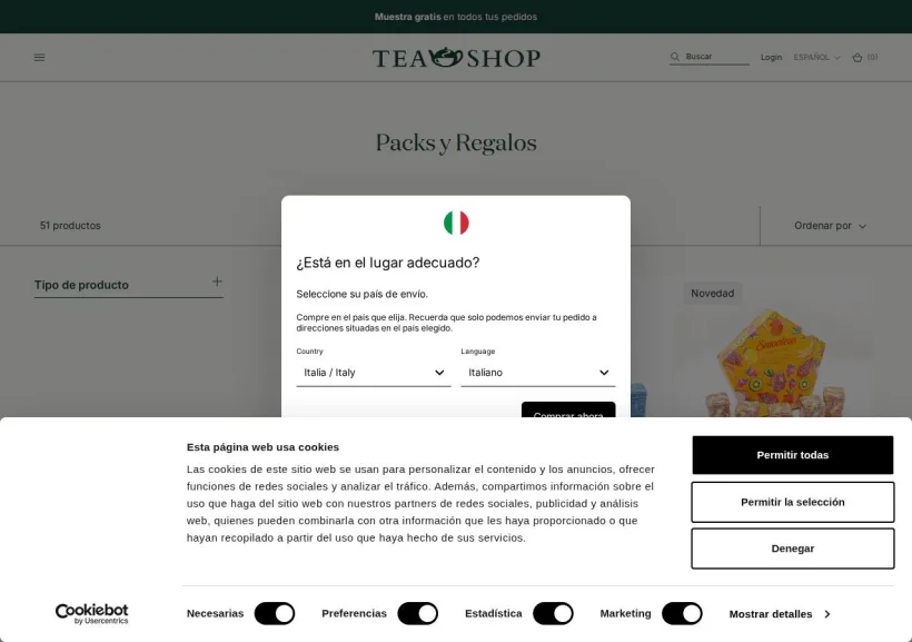 Schermata della pagina offerta di Tea Shop