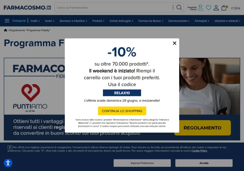 Schermata della pagina offerta di Farmacosmo