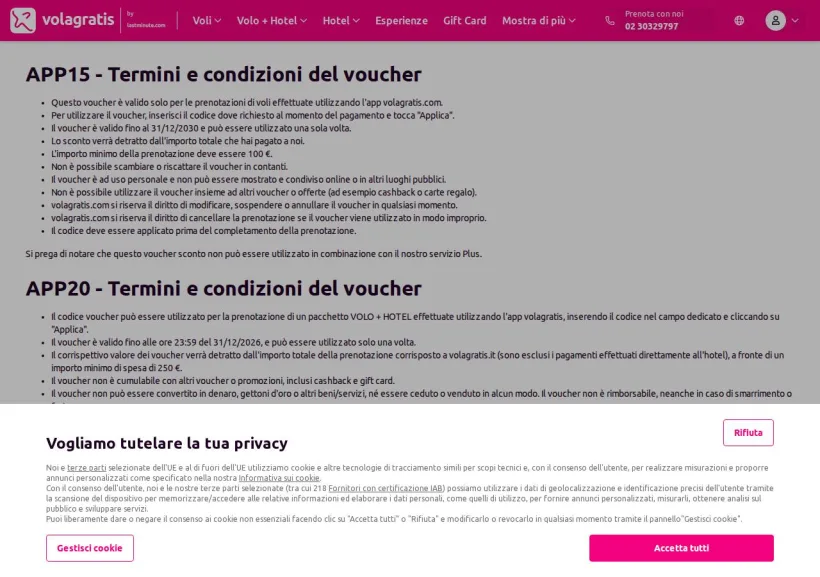 Schermata della pagina offerta di Volagratis