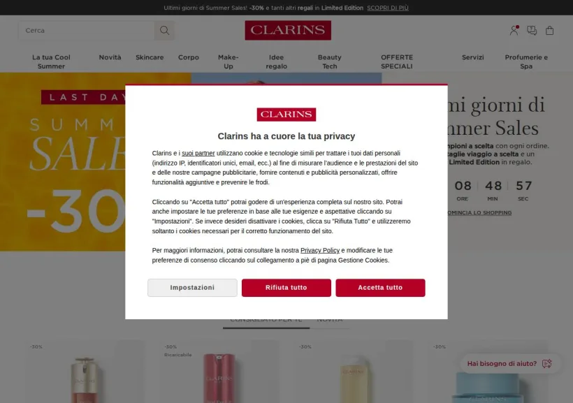 Schermata della pagina offerta di Clarins