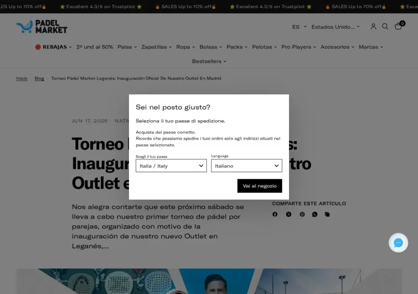 Schermata della pagina offerta di Padel Market