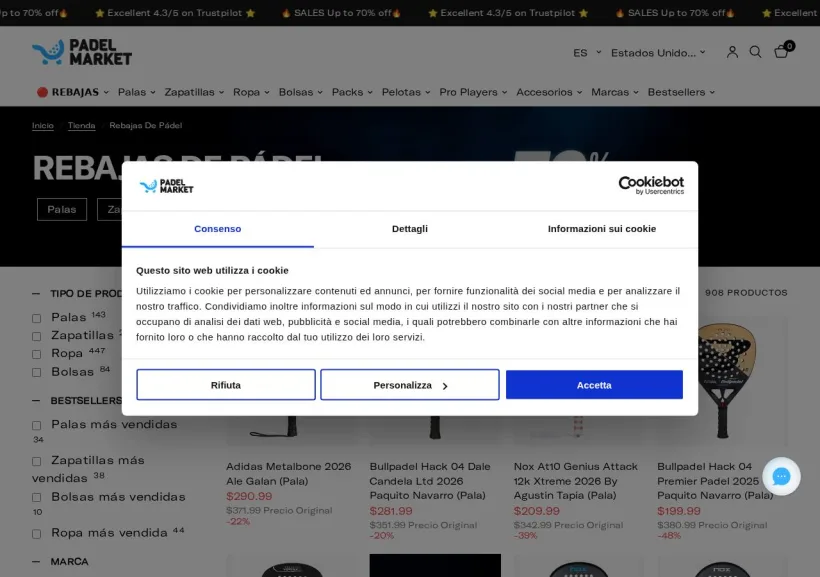 Schermata della pagina offerta di Padel Market