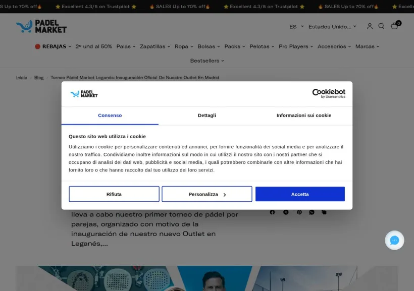 Schermata della pagina offerta di Padel Market