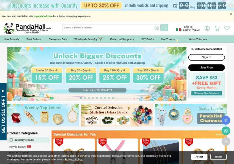 Schermata della pagina offerta di PandaHall