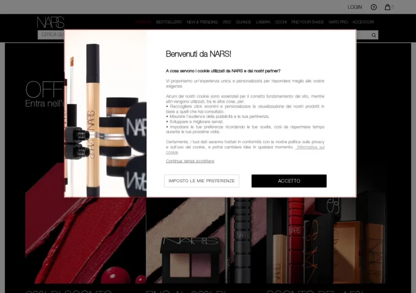 Schermata della pagina offerta di NARS