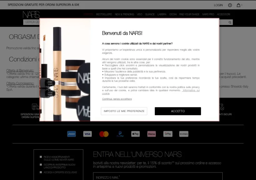Schermata della pagina offerta di NARS