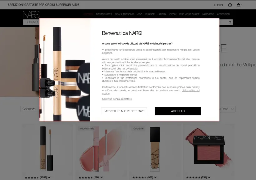 Schermata della pagina offerta di NARS