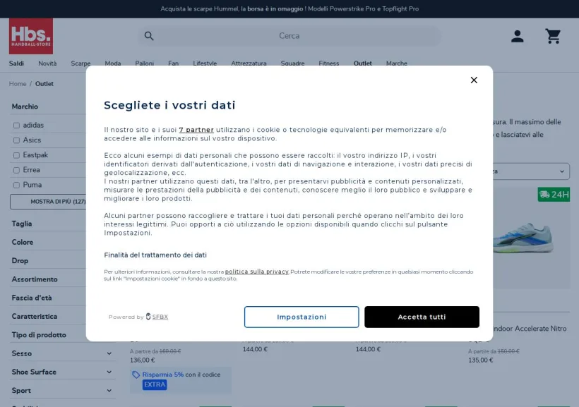 Schermata della pagina offerta di Handball-Store