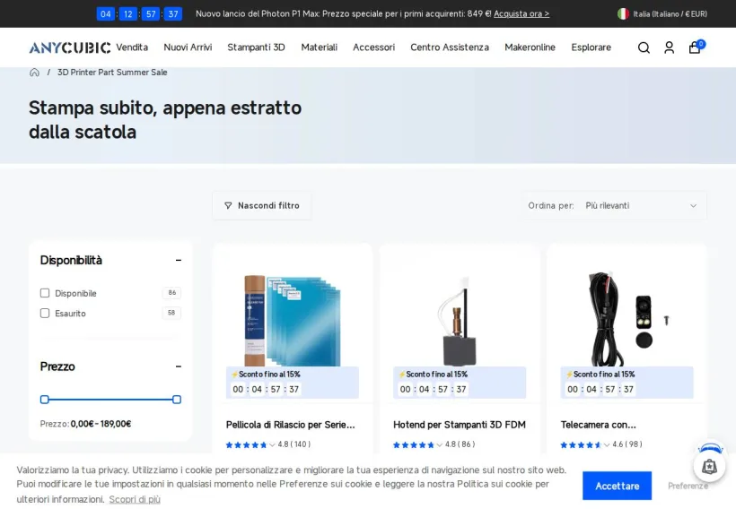 Schermata della pagina offerta di Anycubic