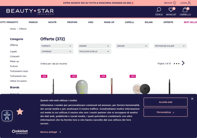 Schermata della pagina offerta di Beauty Star