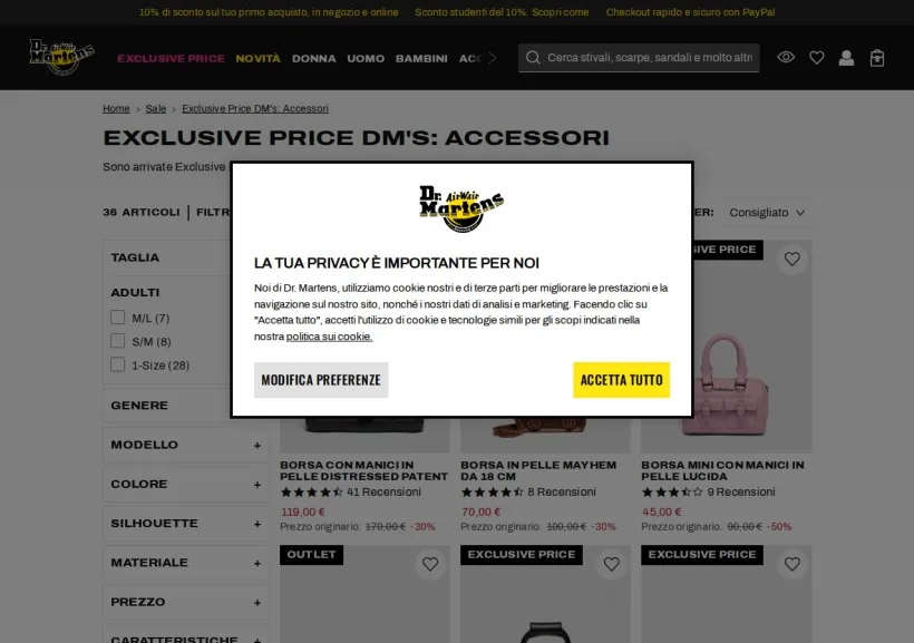 Schermata della pagina offerta di Dr Martens
