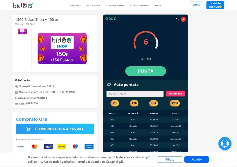 Schermata della pagina offerta di Bidoo