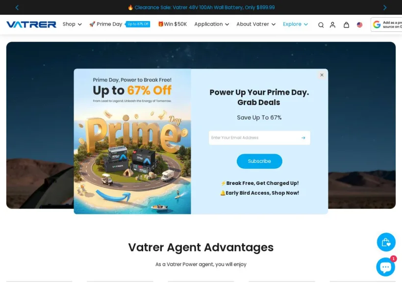 Schermata della pagina offerta di Vatrer