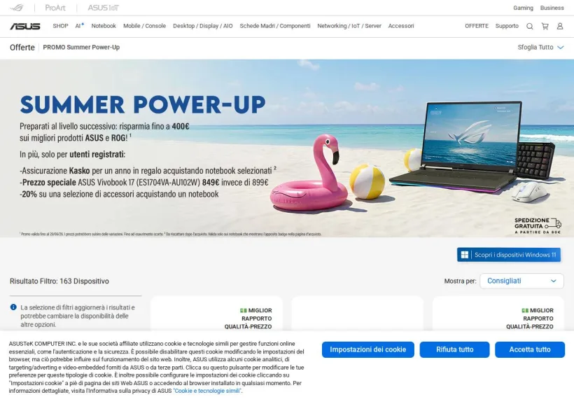 Schermata della pagina offerta di Asus