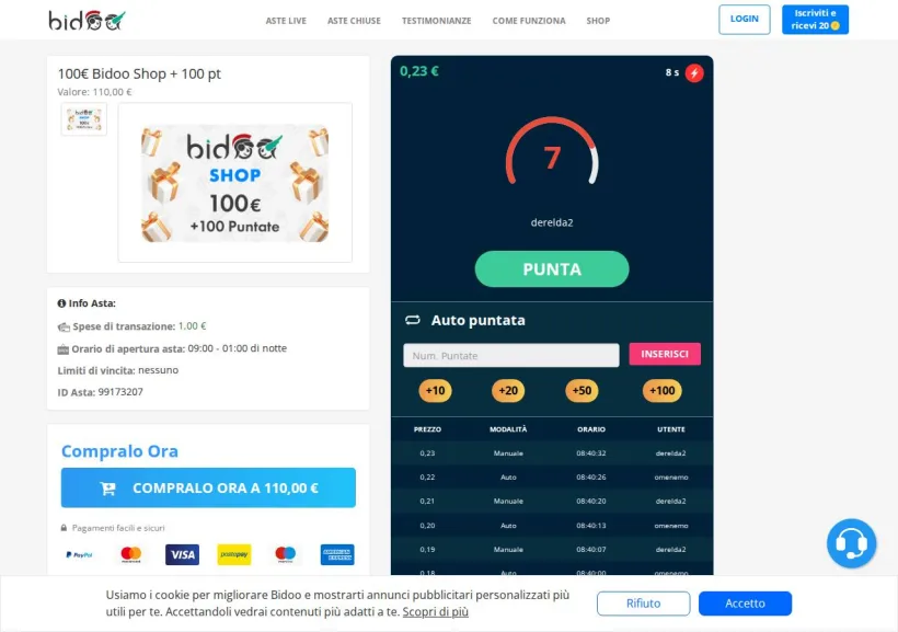 Schermata della pagina offerta di Bidoo
