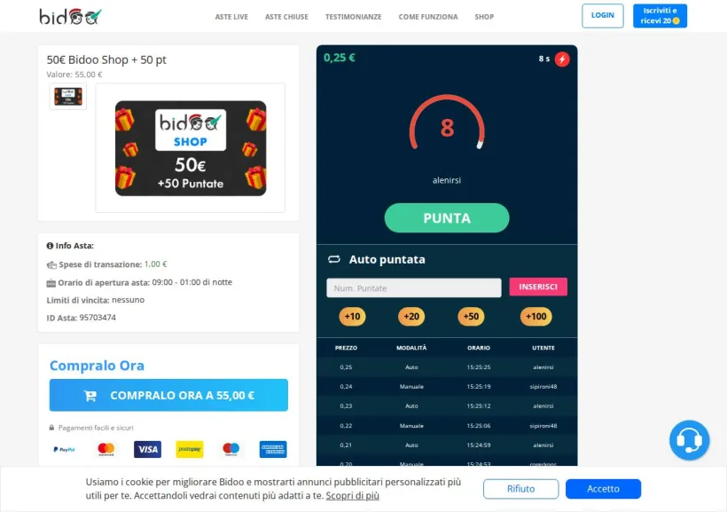 Schermata della pagina offerta di Bidoo