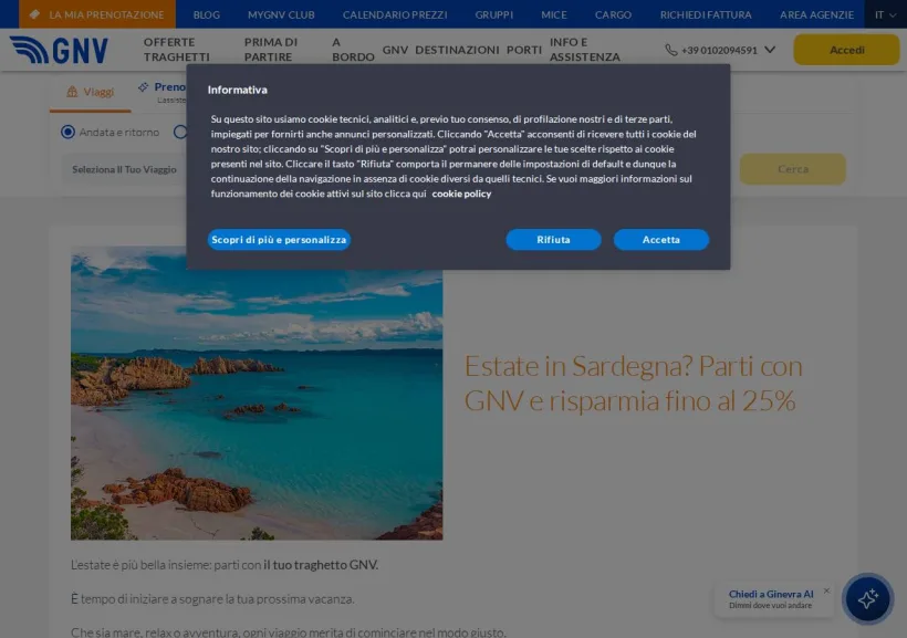 Schermata della pagina offerta di Grandi Navi Veloci