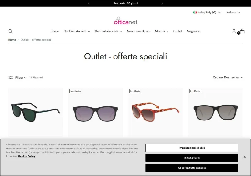 Schermata della pagina offerta di Otticanet