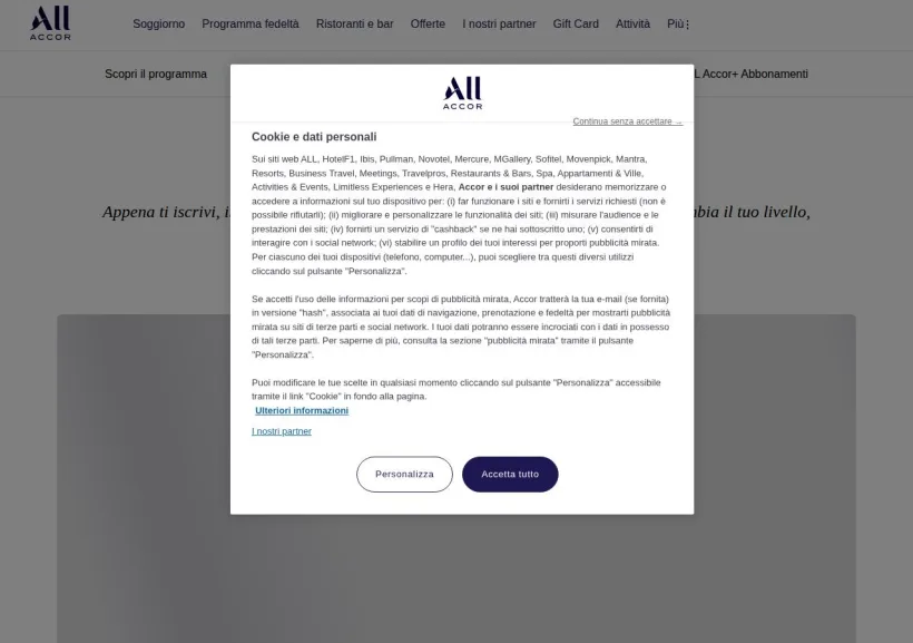 Schermata della pagina offerta di ALL Accor Live Limitless