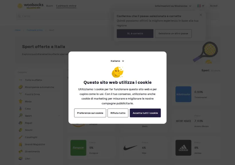 Schermata della pagina offerta di Woolsocks