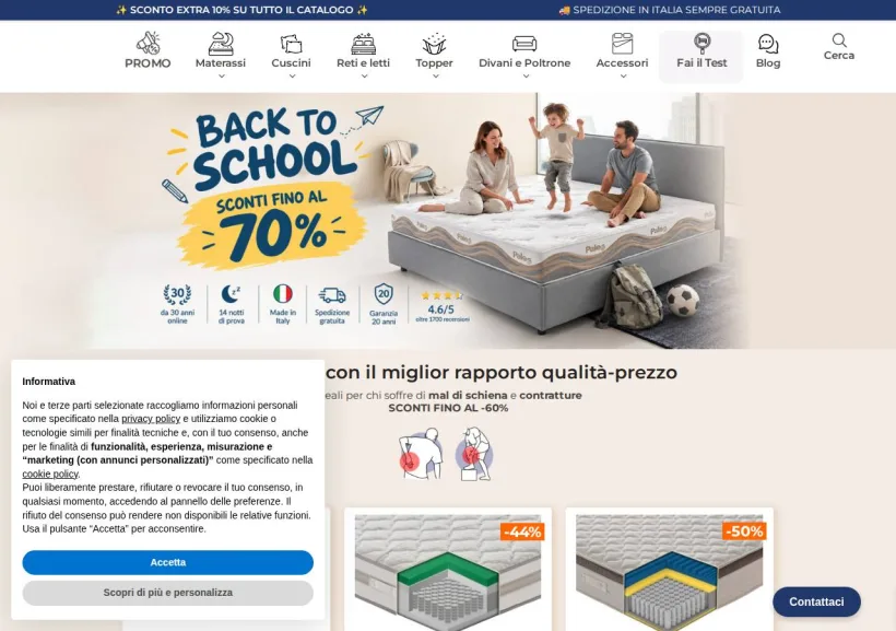 Schermata della pagina offerta di Materassiedoghe