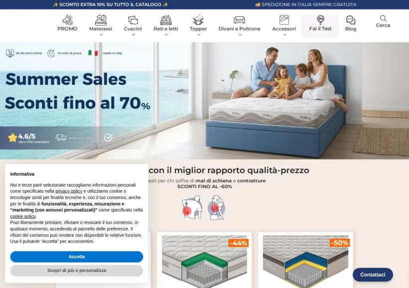 Schermata della pagina offerta di Materassiedoghe