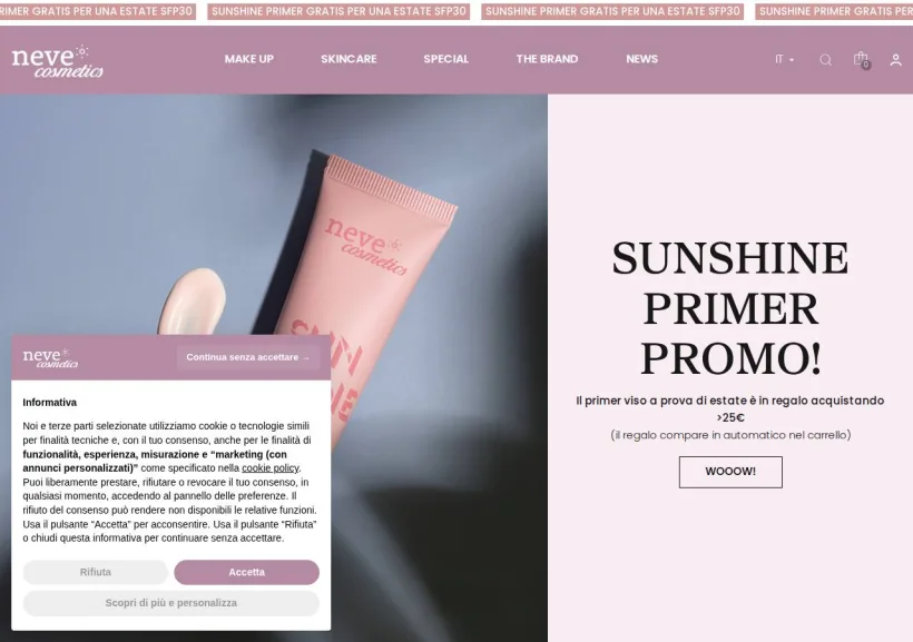 Schermata della pagina offerta di Neve Cosmetics