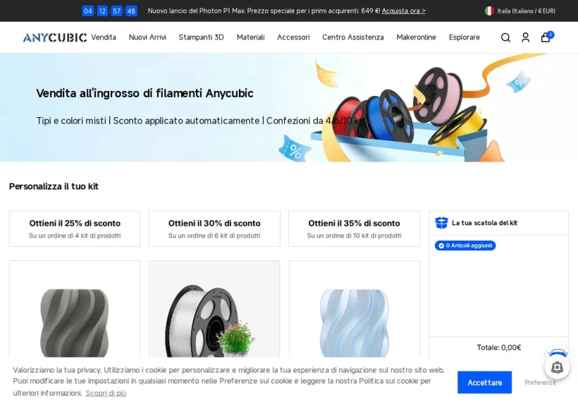 Schermata della pagina offerta di Anycubic