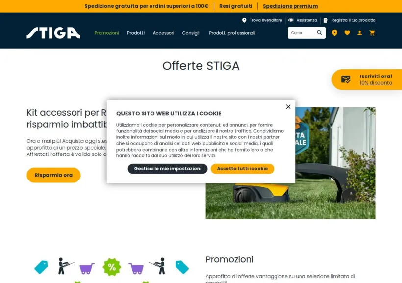 Schermata della pagina offerta di STIGA