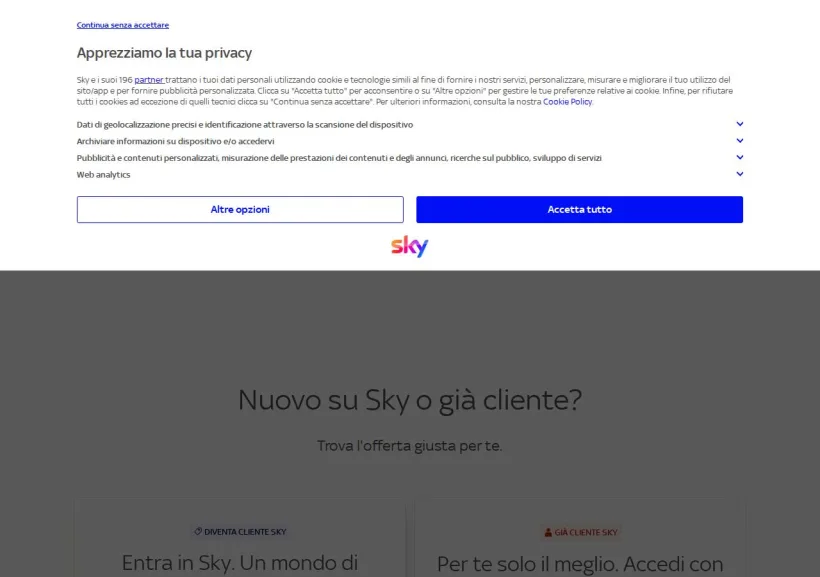 Schermata della pagina offerta di SKY