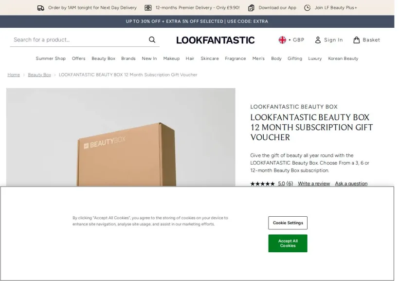 Schermata della pagina offerta di Look Fantastic