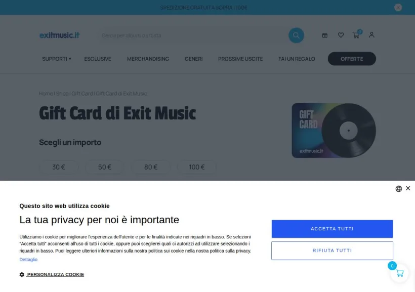 Schermata della pagina offerta di exitmusic.it