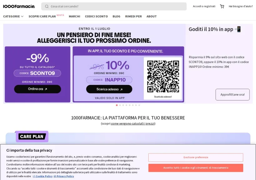 Schermata della pagina offerta di 1000Farmacie
