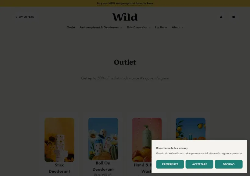 Schermata della pagina offerta di Wild