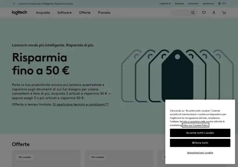 Schermata della pagina offerta di Logitech