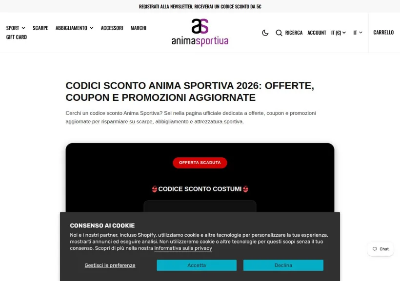 Schermata della pagina offerta di Animasportiva