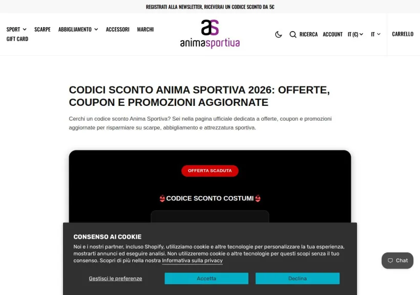 Schermata della pagina offerta di Animasportiva
