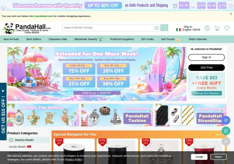 Schermata della pagina offerta di PandaHall