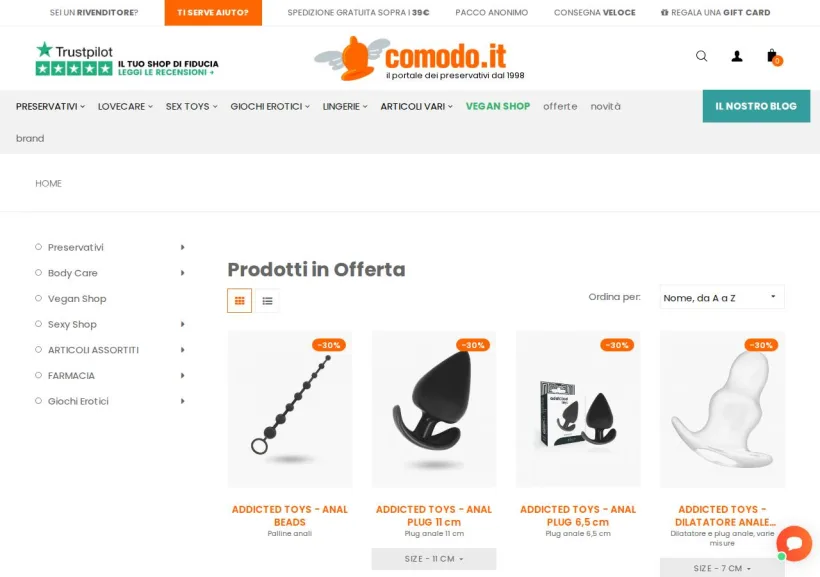 Schermata della pagina offerta di Comodo.it - Il portale dei preservativi